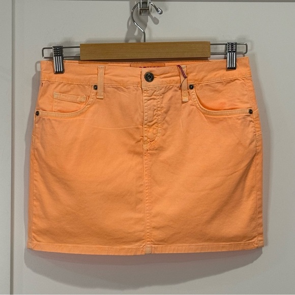 Fiorucci Mini Jean Skirt Distressed Denim Neon Orange Y2K Size 28 NWT Bright - Picture 1 of 9